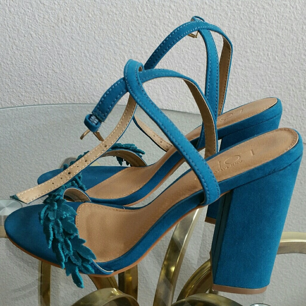 Blue suede block heels